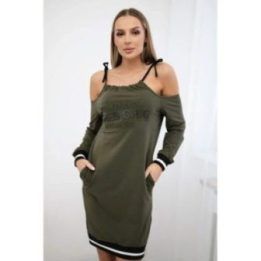 Moteriška medvilninė suknelė su užrašu „Tres Chic“, chaki