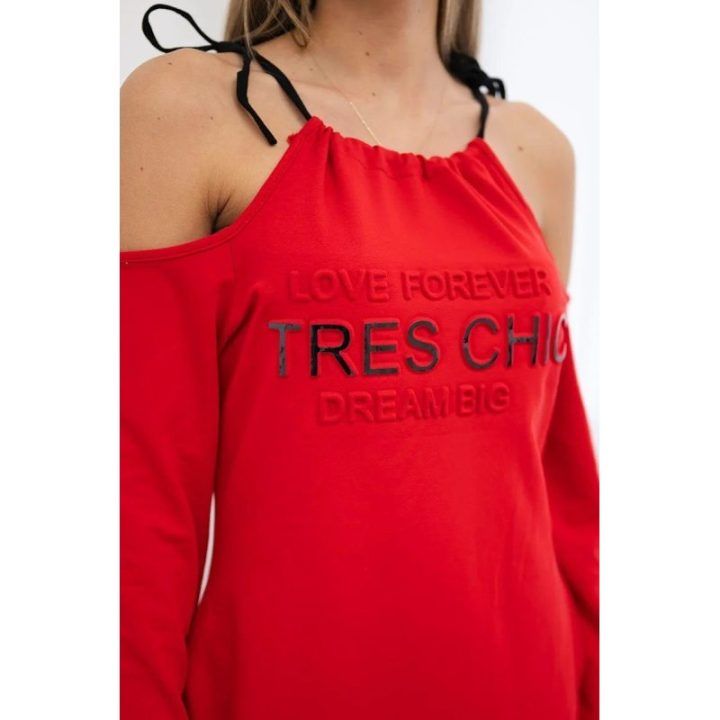Medvilninė suknelė su užrašu „Tres Chic“, raudona