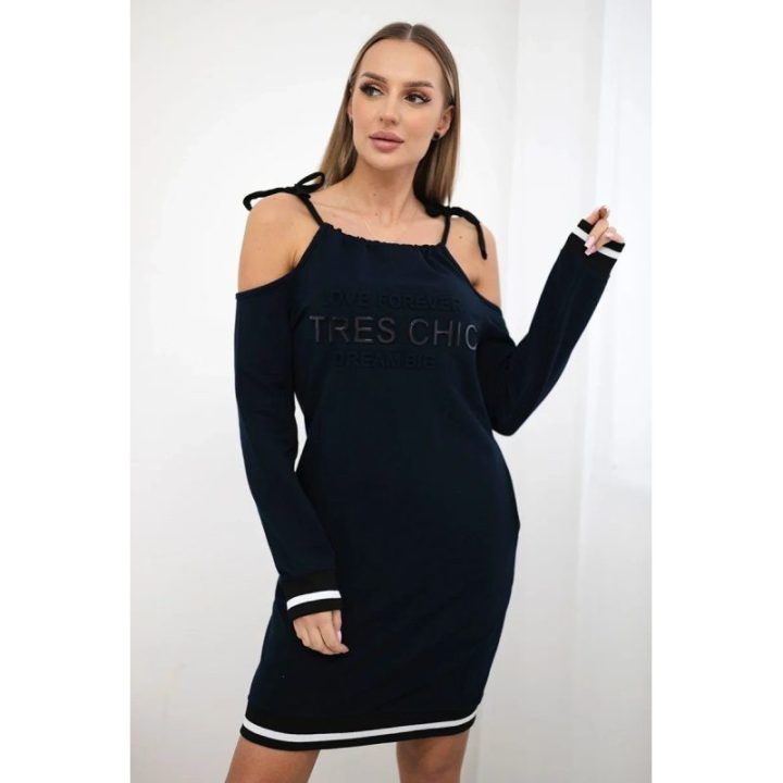 Medvilninė suknelė su užrašu „Tres Chic“, tamsiai mėlyna