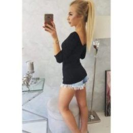 Moteriška medvilninė palaidinė su apvalia iškirpte, juoda