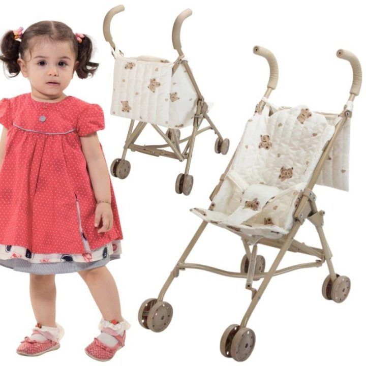 Lėlių vežimėlis Woopie Royal su meškiukų raštu, 41 × 23 × 56 cm, kreminis