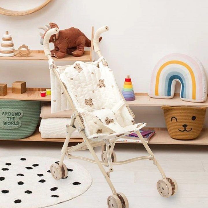 Lėlių vežimėlis Woopie Royal su meškiukų raštu, 41 × 23 × 56 cm, kreminis