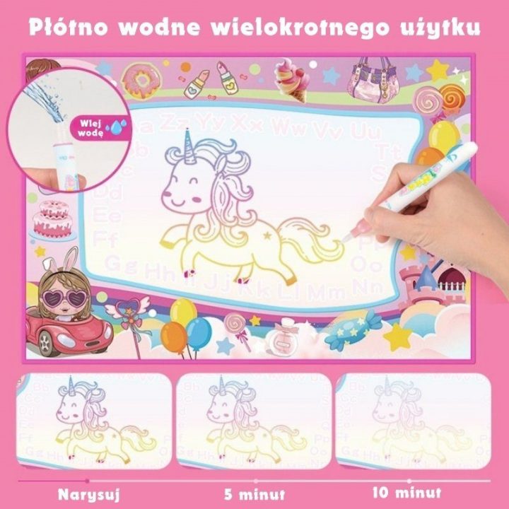 Vandeniu ir UV šviesa piešiamas kilimėlis Woopie su vienaragio motyvu, nuo 6 metų, rožinis