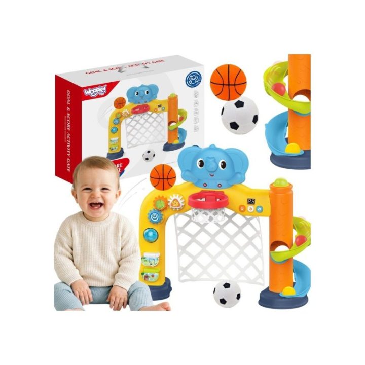 Interaktyvus sporto centras 2 viename su futbolo vartais, krepšiu ir dramblio motyvu Woopie, nuo 18 mėn., 61 × 38 × 54 cm