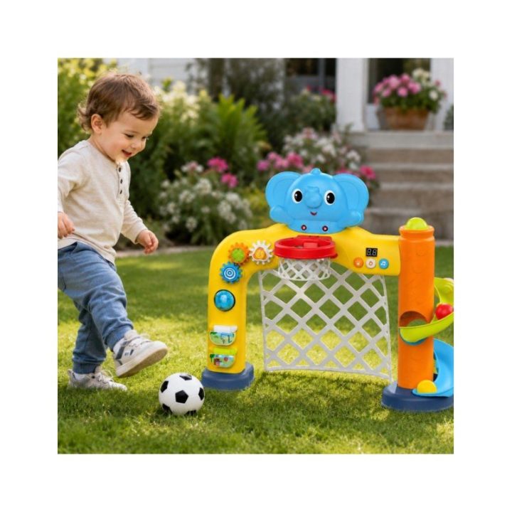 Interaktyvus sporto centras 2 viename su futbolo vartais, krepšiu ir dramblio motyvu Woopie, nuo 18 mėn., 61 × 38 × 54 cm