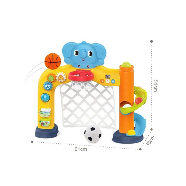 Interaktyvus sporto centras 2 viename su futbolo vartais, krepšiu ir dramblio motyvu Woopie, nuo 18 mėn., 61 × 38 × 54 cm