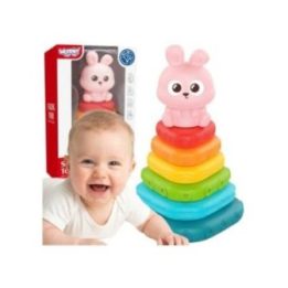 Sensorinė žiedų piramidė su zuikučio figūrėle Woopie Baby, nuo 6 mėn., 7 vnt., įvairiaspalvė
