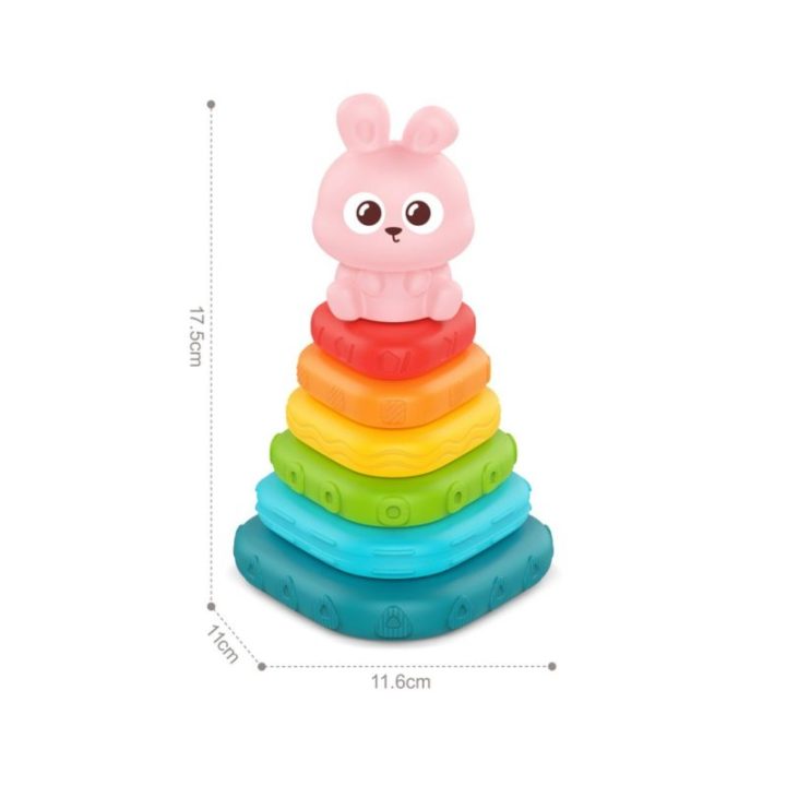 Sensorinė žiedų piramidė su zuikučio figūrėle Woopie Baby, nuo 6 mėn., 7 vnt., įvairiaspalvė