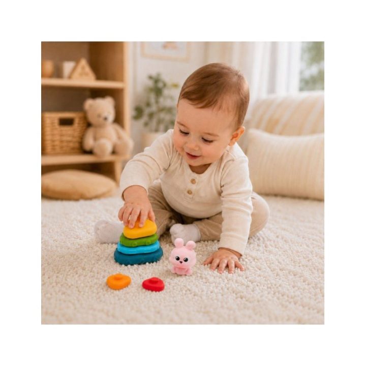 Sensorinė žiedų piramidė su zuikučio figūrėle Woopie Baby, nuo 6 mėn., 7 vnt., įvairiaspalvė