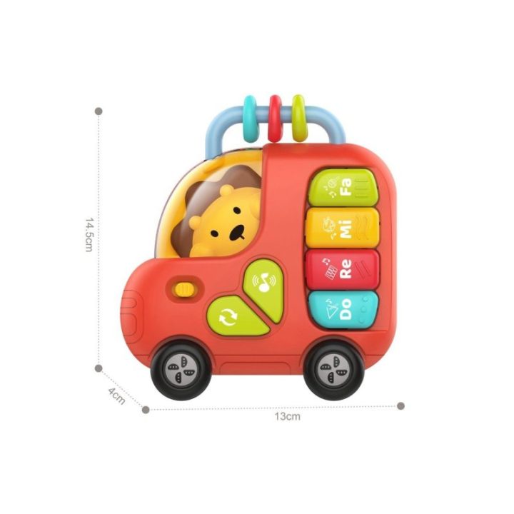 Interaktyvus žaislinis pianinas-autobusas Woopie Baby su liūto motyvu, nuo 18 mėn., 13 × 14,5 cm, raudonas