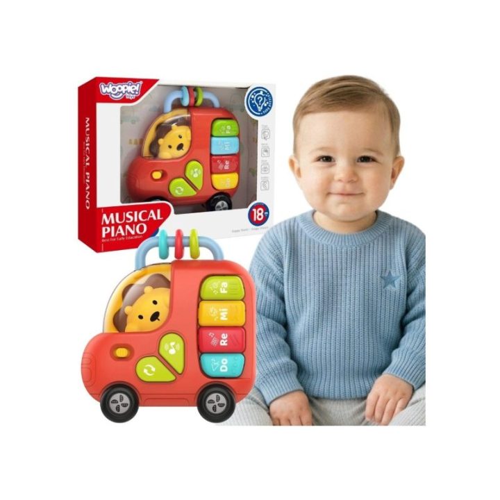 Interaktyvus žaislinis pianinas-autobusas Woopie Baby su liūto motyvu, nuo 18 mėn., 13 × 14,5 cm, raudonas