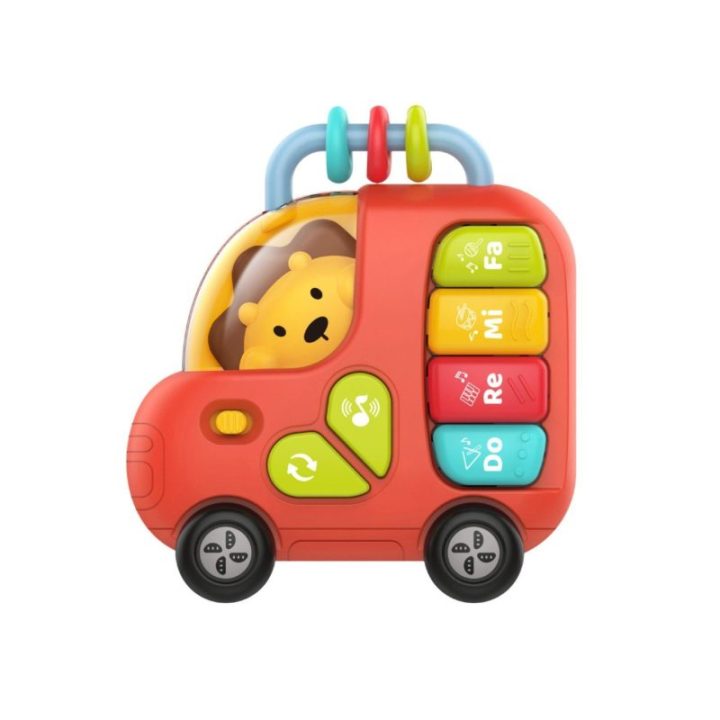 Interaktyvus žaislinis pianinas-autobusas Woopie Baby su liūto motyvu, nuo 18 mėn., 13 × 14,5 cm, raudonas