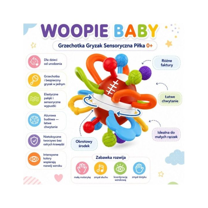 Barškutis-kramtukas Woopie Baby, nuo gimimo, 13,5 × 12 × 10,5 cm, įvairiaspalvis