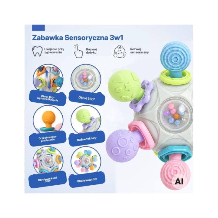 Sensorinis kramtukas-barškutis 3 viename Woopie Baby, nuo 6 mėn., įvairiaspalvis