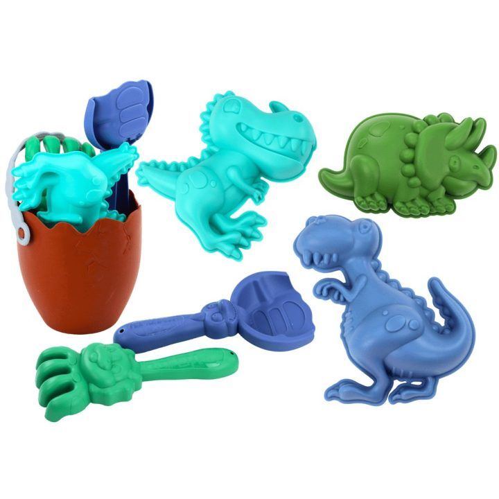 Dinozaurų smėlio žaislų rinkinys su kiaušinio formos kibirėliu