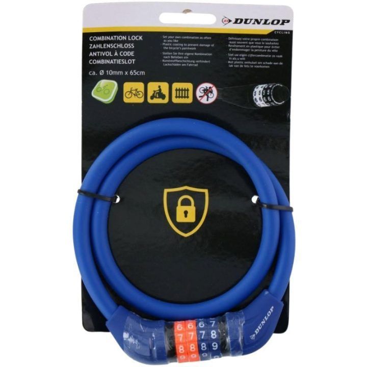 Dviračio trosinė spyna su 4 skaitmenų kodu Dunlop, 65 cm, mėlyna