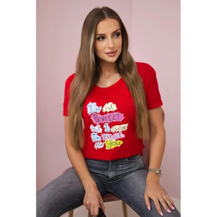 Moteriška medvilninė palaidinė su užrašų raštu Perfect, raudona