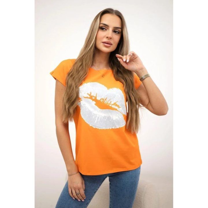 Moteriška medvilninė palaidinė su lūpų raštu, oranžinė