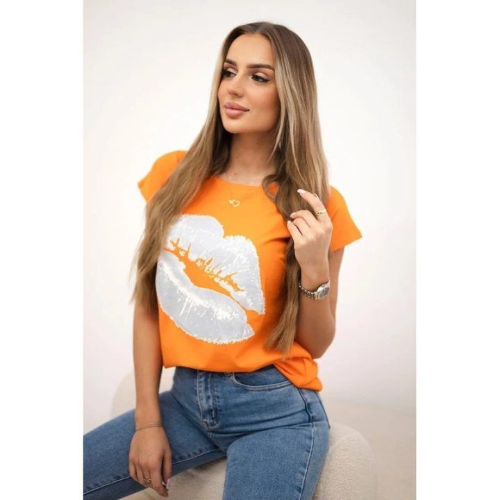 Moteriška medvilninė palaidinė su lūpų raštu, oranžinė