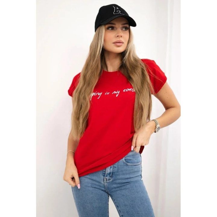Moteriška medvilninė palaidinė su užrašu „Shopping is my cardio“, raudona