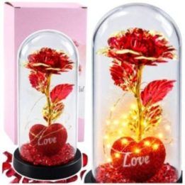 Kristalinė rožė gaubte su LED apšvietimu ir širdimi, 21 × 11 cm, raudona