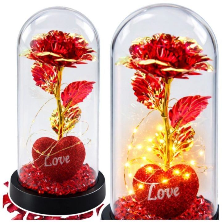 Kristalinė rožė gaubte su LED apšvietimu ir širdimi, 21 × 11 cm, raudona