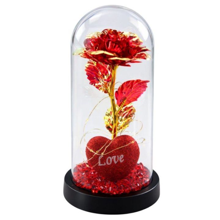 Kristalinė rožė gaubte su LED apšvietimu ir širdimi, 21 × 11 cm, raudona