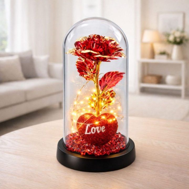 Kristalinė rožė gaubte su LED apšvietimu ir širdimi, 21 × 11 cm, raudona