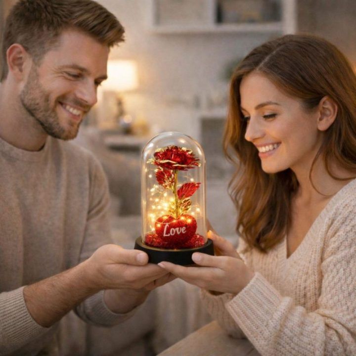 Kristalinė rožė gaubte su LED apšvietimu ir širdimi, 21 × 11 cm, raudona