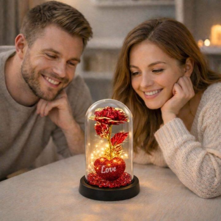 Kristalinė rožė gaubte su LED apšvietimu ir širdimi, 21 × 11 cm, raudona