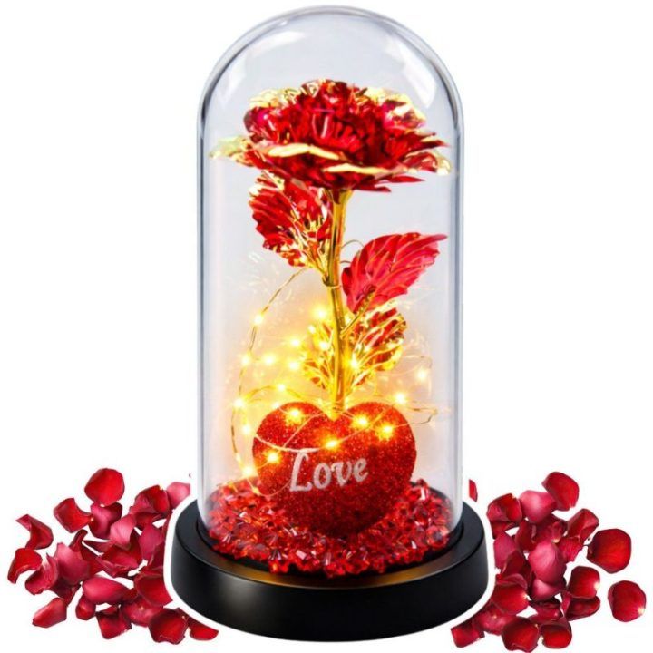 Kristalinė rožė gaubte su LED apšvietimu ir širdimi, 21 × 11 cm, raudona