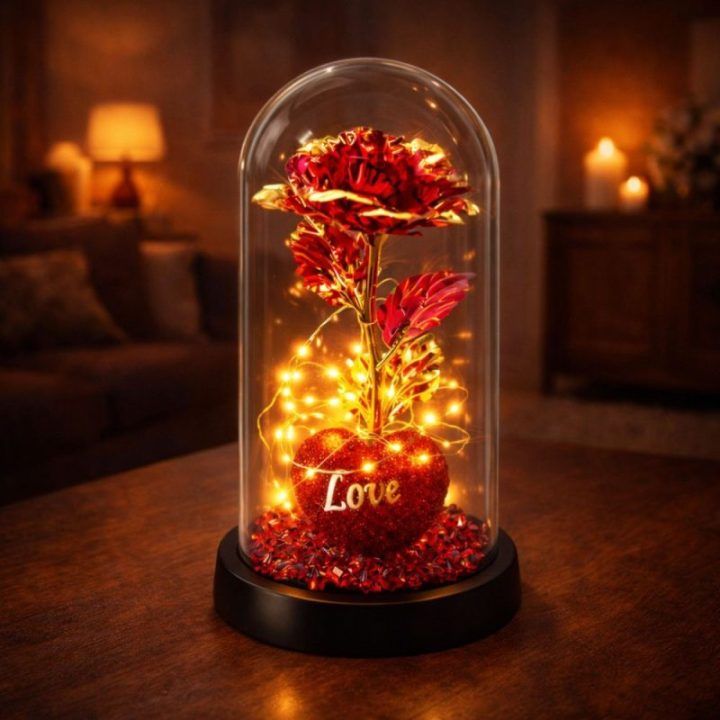 Kristalinė rožė gaubte su LED apšvietimu ir širdimi, 21 × 11 cm, raudona