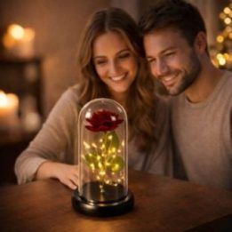 Dirbtinė rožė gaubte su LED apšvietimu, 21 × 11 cm, raudona