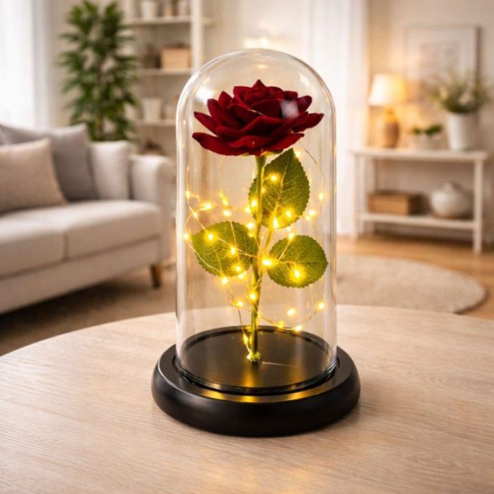 Dirbtinė rožė gaubte su LED apšvietimu, 21 × 11 cm, raudona