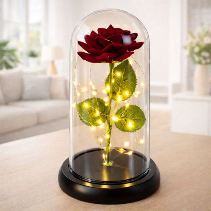 Dirbtinė rožė gaubte su LED apšvietimu, 21 × 11 cm, raudona