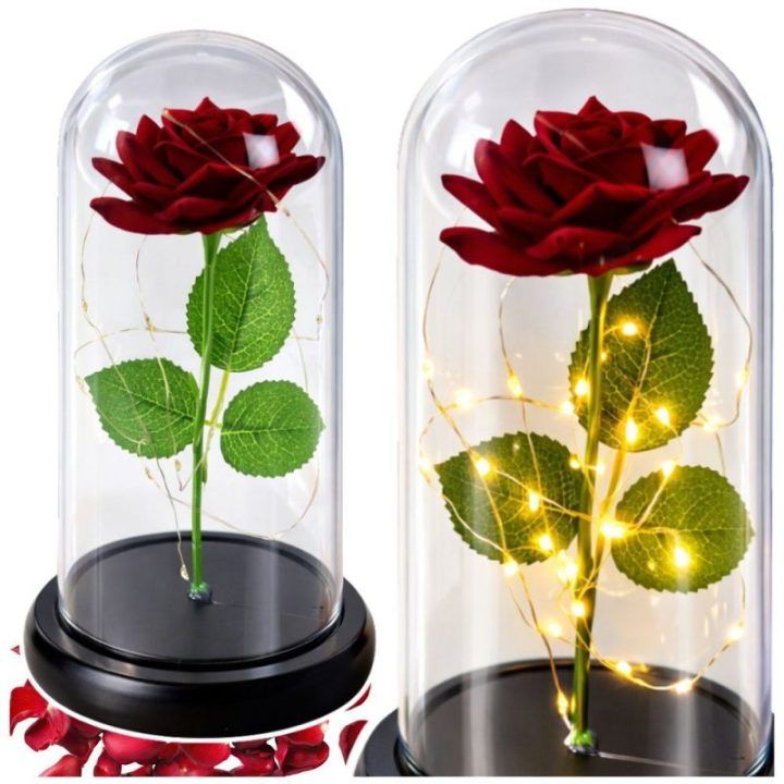 Dirbtinė rožė gaubte su LED apšvietimu, 21 × 11 cm, raudona