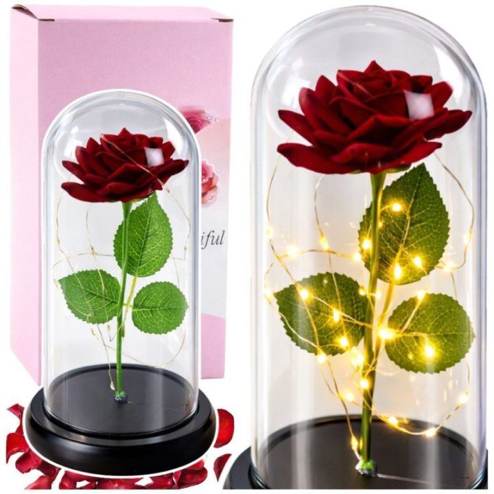 Dirbtinė rožė gaubte su LED apšvietimu, 21 × 11 cm, raudona