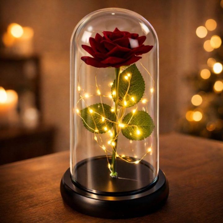 Dirbtinė rožė gaubte su LED apšvietimu, 21 × 11 cm, raudona
