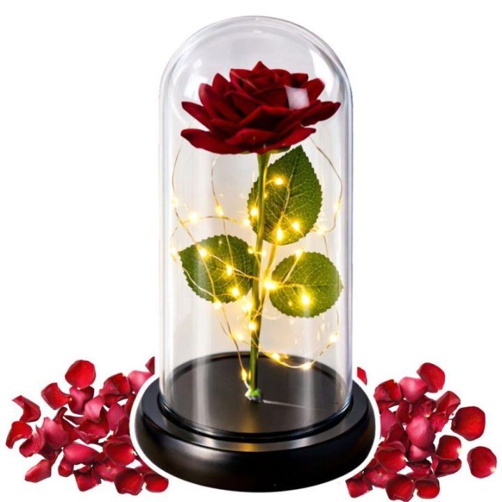 Dirbtinė rožė gaubte su LED apšvietimu, 21 × 11 cm, raudona