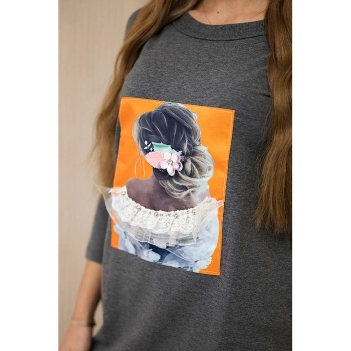 Medvilninė suknelė su 3D grafika, grafito