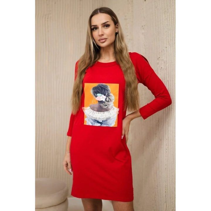 Medvilninė suknelė su mergaitės atvaizdu, raudona