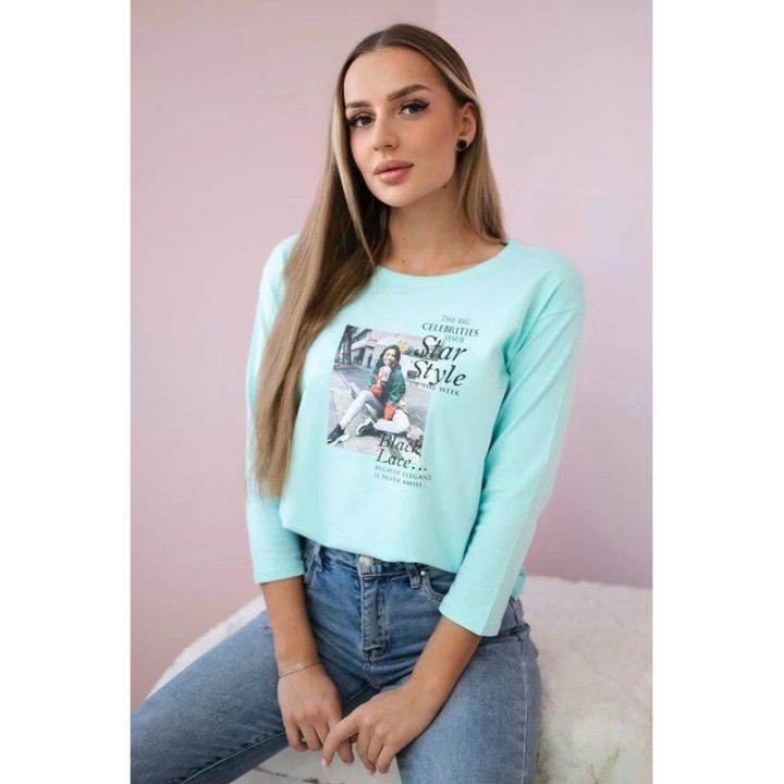 Moteriška medvilninė palaidinė su „Star Style“ raštu, mėtinė