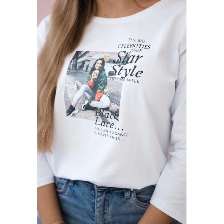 Moteriška medvilninė palaidinė su „Star Style“ užrašu, balta