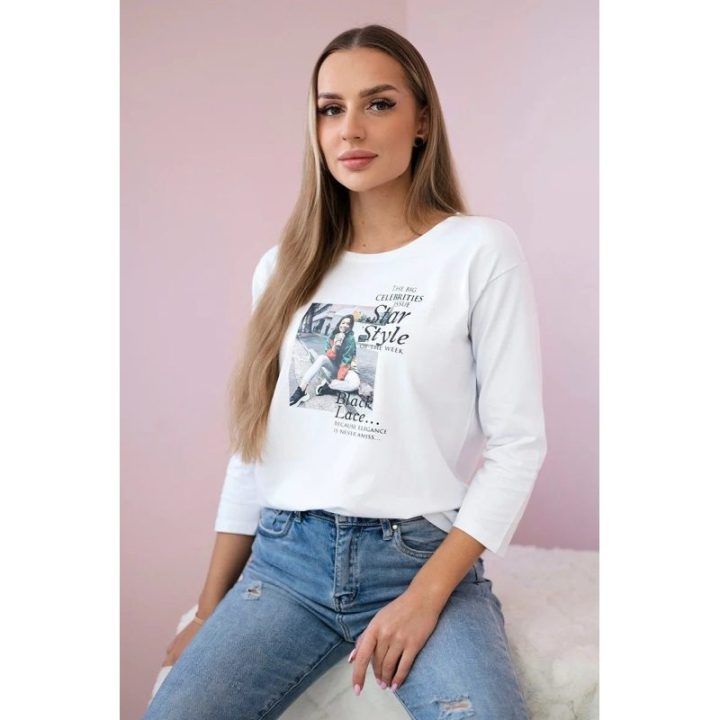 Moteriška medvilninė palaidinė su „Star Style“ užrašu, balta