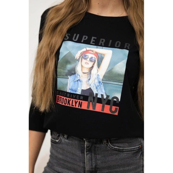 Moteriška medvilninė palaidinė su užrašu „Superior“, juoda