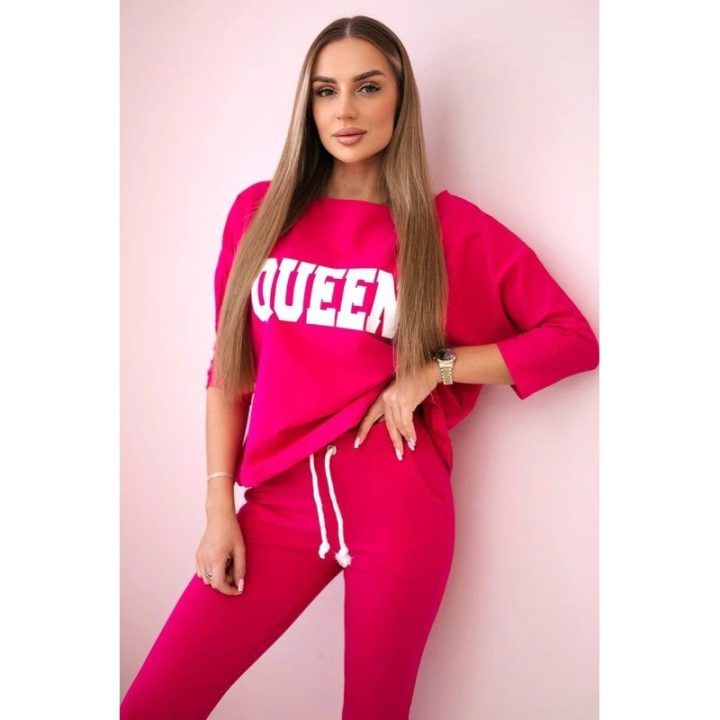 Moteriškas medvilninis komplektas su „Queen“ užrašu, ryškiai rožinis