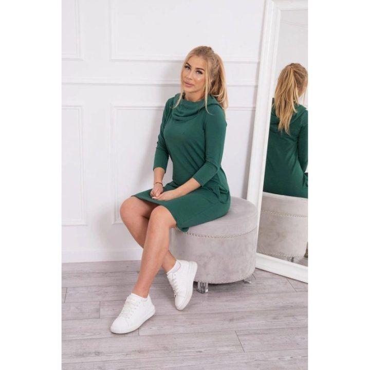 Medvilninė suknelė su gobtuvu ir kišenėmis, žalia