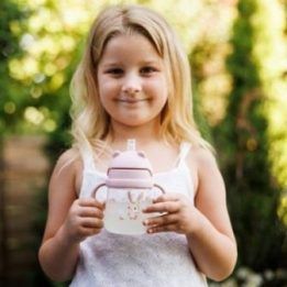 Puodelis su pasunkintu šiaudeliu BabyOno, 240 ml, rožinis