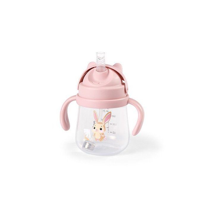 Puodelis su pasunkintu šiaudeliu BabyOno, 240 ml, rožinis