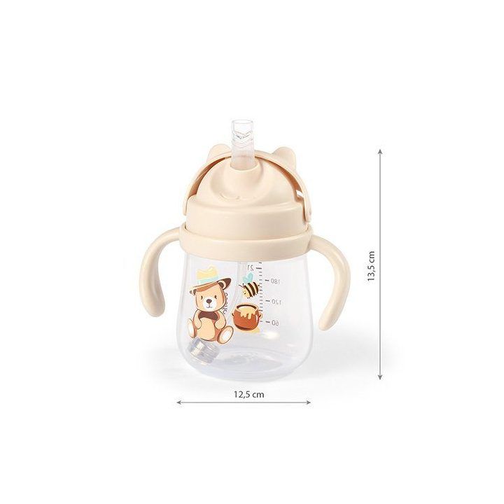 Puodelis su pasunkintu šiaudeliu BabyOno, 240 ml, smėlio spalvos